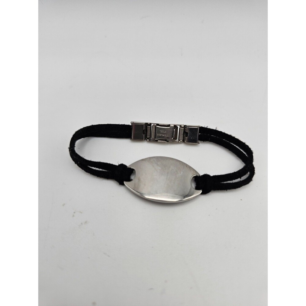 Stainless Steel ID Plate Bracelet Black Cord Minimalist Unisex Blank Tag